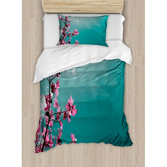 Floral Duvet Cover Set, Fig Tree Florets with Sunny Sky Exotic Summer Spring Plants Scenic Nature View, Decorative 2 Piece Bedding Set with 1 Pillow Shams, Twin Size, Teal Hot Pink, by Ambesonne