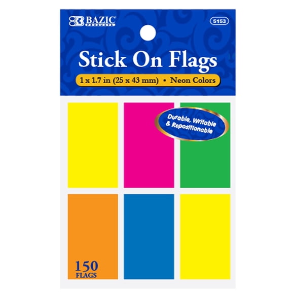 BAZIC Neon Page Markers 1x1.7 Neon Index Tabs, (150 Flags/Pack), 1-Pack