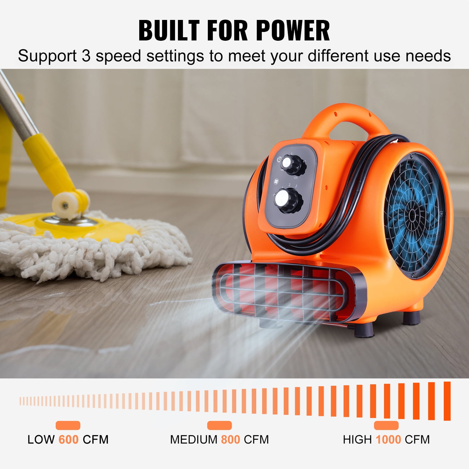 SKYSHALO 1000 CFM 115V Floor Blower Fan, 1500 RPM for rooms - Orange