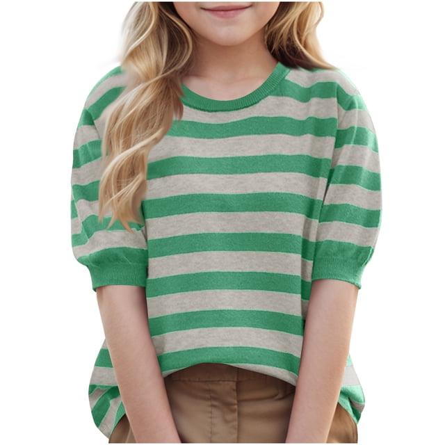 Posijego Girls Short Sleeve Sweater Tops Striped Color Block Knit Pullover Sweaters Loose Casual T-Shirts