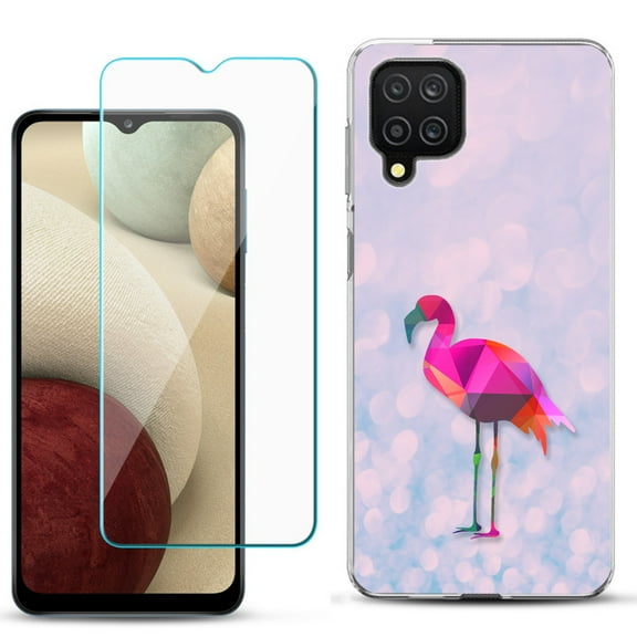 Slim-Fit Shockproof Phone Case compatible with Samsung Galaxy A12, with Tempered Glass Screen Protector, by OneToughShield ® - Flamingo / Polygon