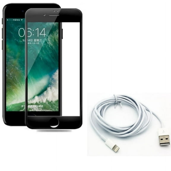 iPhone 8/7/6S/6 - Ceramics Screen Protector w Charger Cord 6ft USB Cable - Matte Black 3D Curved Edge Full Cover Anti Glare, Power Wire Long Sync Fast Charge for iPhone 8/7/6S/6
