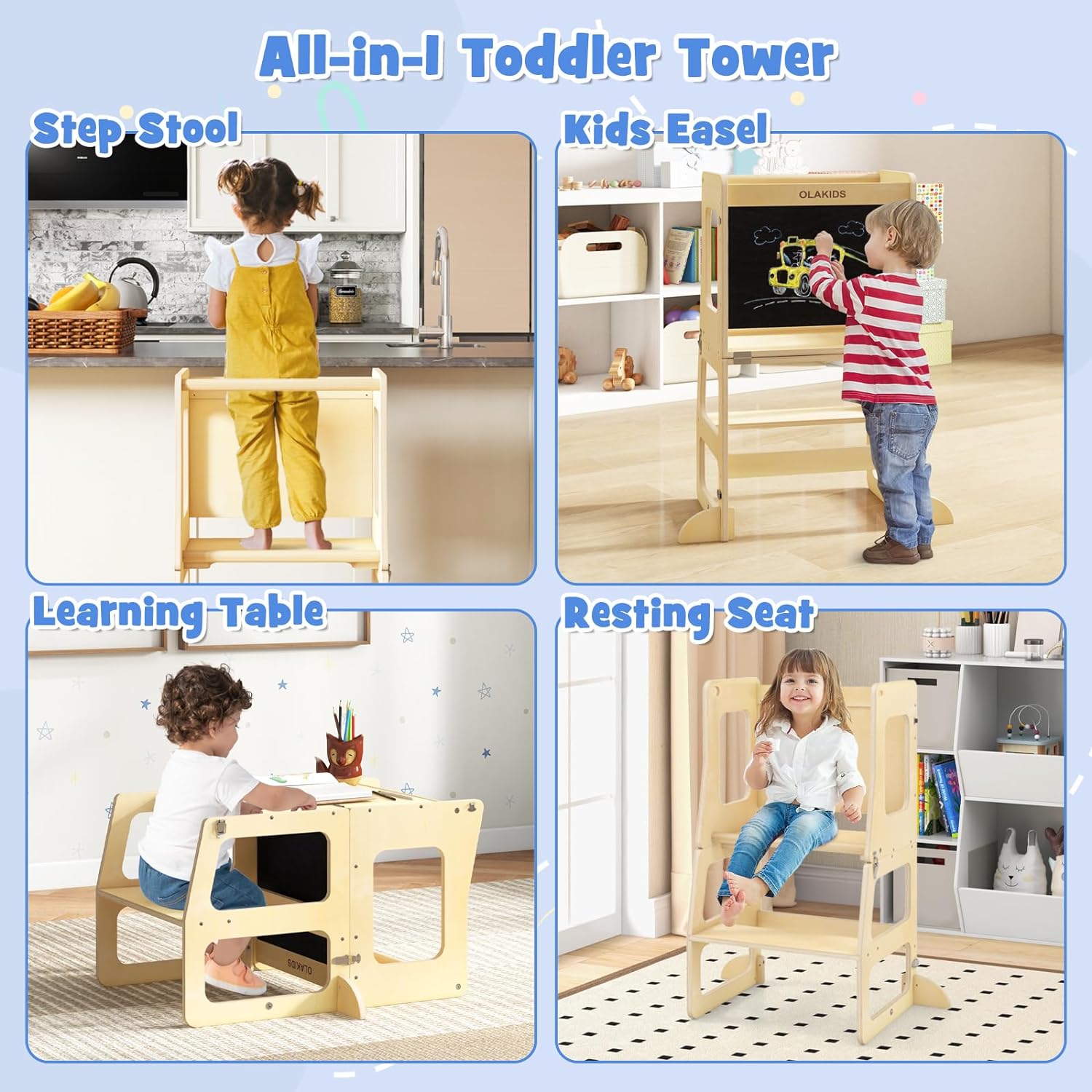 OLAKIDS Kids Table and Chair Set, 4 in 1 Foldable Wooden Activity Table with Blackboard Easel, Montessori Step Stool Table and Chair Set, Toddler Furniture Table for Playing Drawing Reading or Eating