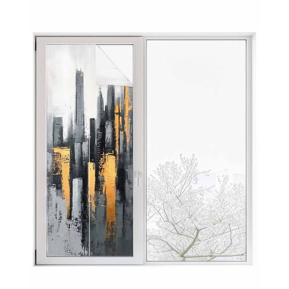 Window Privacy Film City Building Stained Glass Window Film Decorative Sun Block Window Cover Modern Chic Abstract Oil Painting Art Window Clings Static Adhesive Sticker for Bathroom 29.5"x78.7"