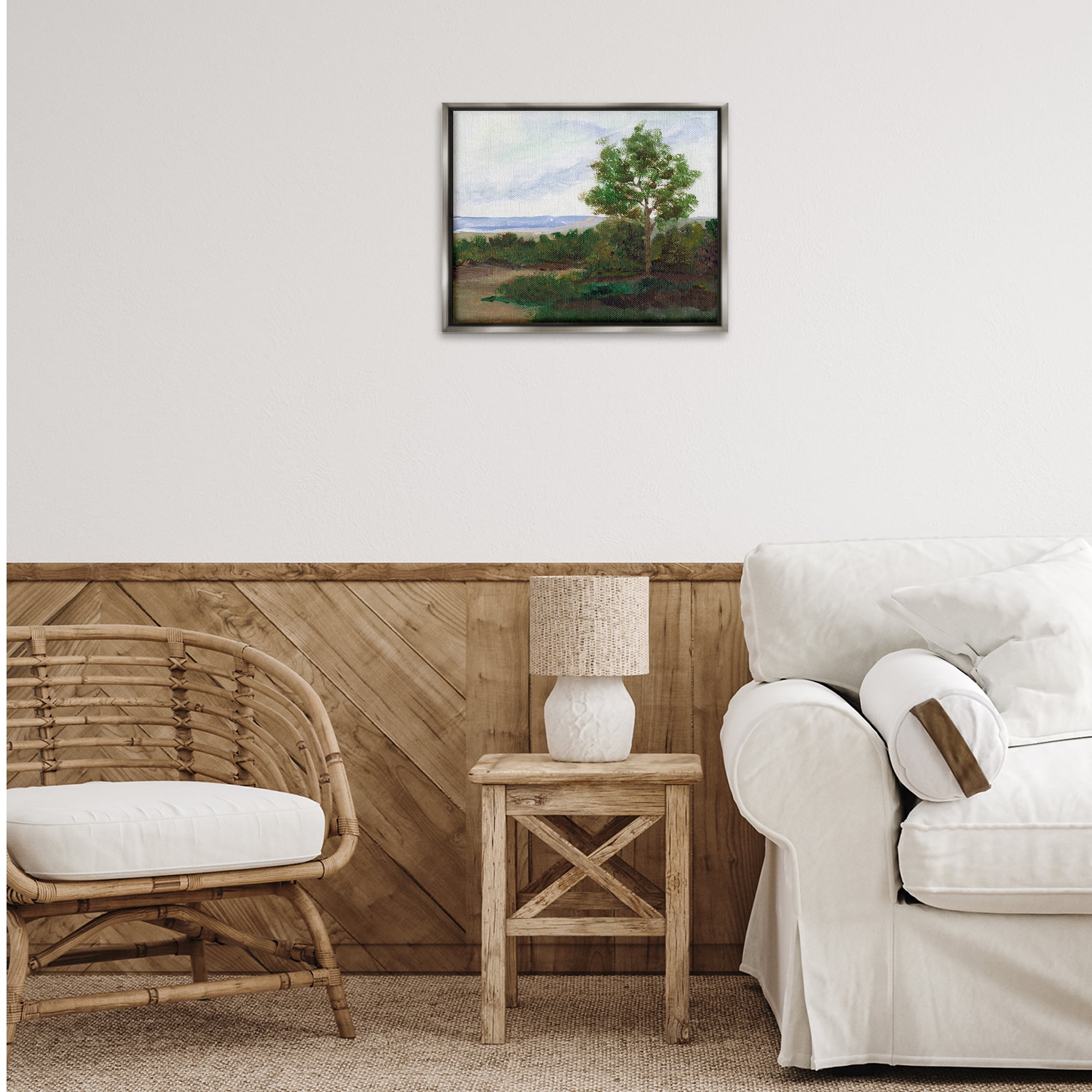 Stupell Industries Summer Evening Landscape Landscape & Nature Painting Gray Floater Framed Canvas Art Print Wall Art, 21 x 17