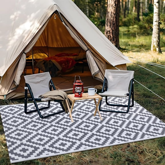 Waterproof Outdoor Rug 5x8 ft, Outdoor Plastic Straw Rug for Camping, RV Mat Outside, Outdoor Carpet for Porch, Deck, Backyard, Balcony, Picnic, Grey & White