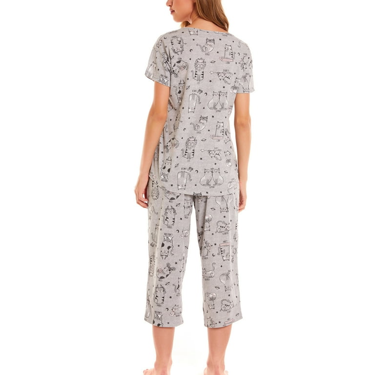 Defitshape Women s Cute Cotton Pajama Set Capri Loungewear Soft Short Sleeve Pjs Pants Lounge Comfy Two Piece Patterned Print Sleepwear Dark Grey