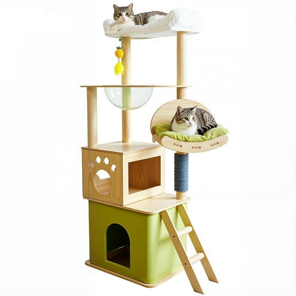 6Tier Torre para Gato con Escalera,150CM Casa para Gato con Rascadores para Gato,Arbol Castillo para Gatos 3 Casas 1 Hamaca,1 Balcón,1 Pelota de Juguete;Transparente Redondo Jaula,Jueguen de 3-6 Gatos