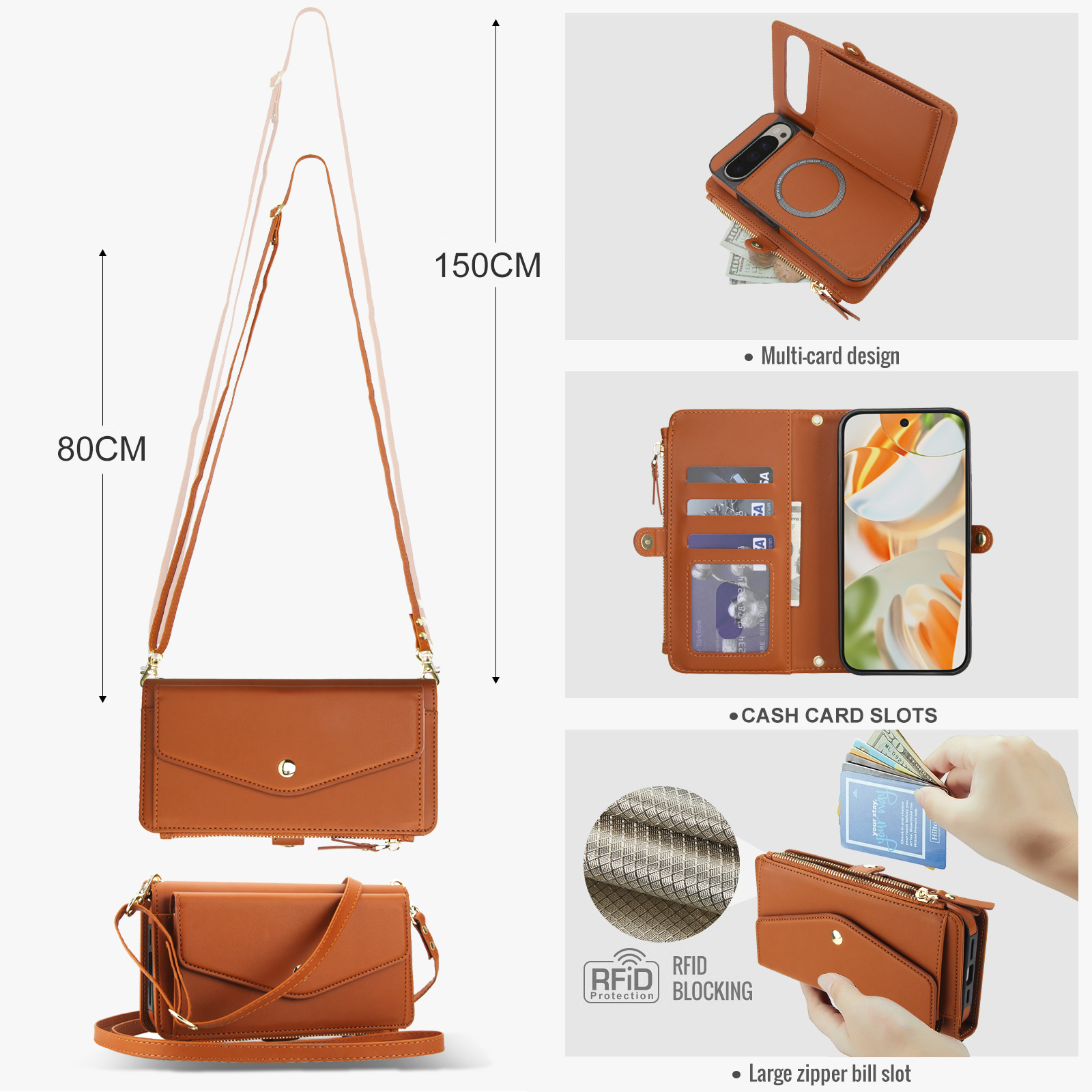 Designed for Google Pixel 8 Multi-Function Wallet Phone Case,With Shoulder Strap&Wrist Strap,Cash Pocket&Card Slots,Zipper Purse,Magnetic Detachable PU Leather Flip Phone Case,Brown