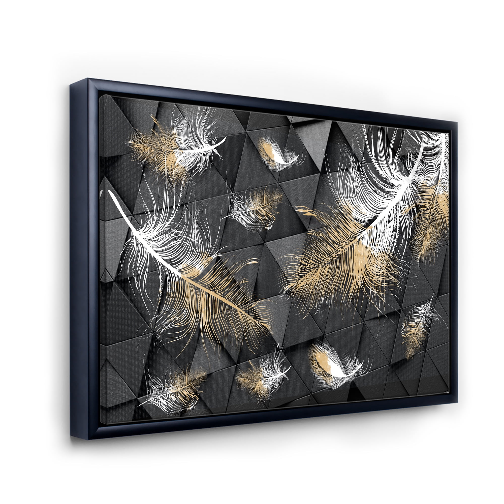Designart 'Gold and White Feathers On Triangular' Modern Framed Canvas Wall Art Print