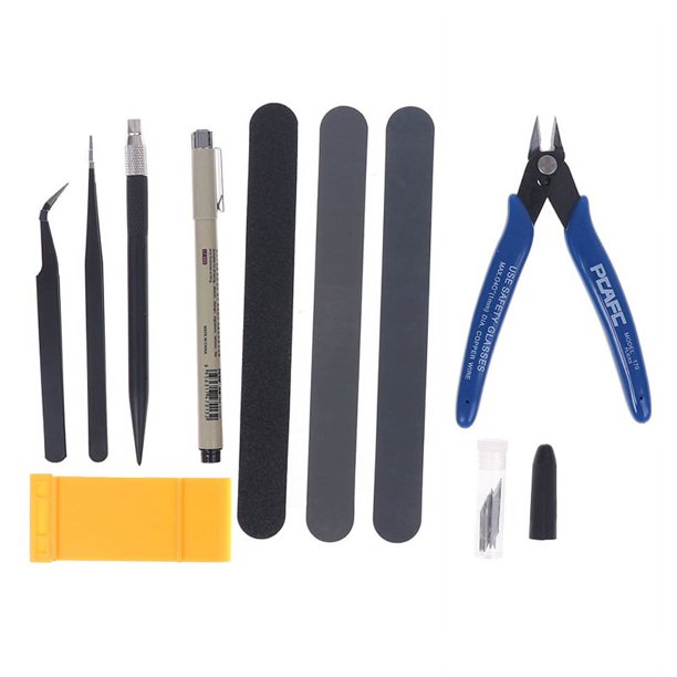 Kit D'outils De Modélisme 14 Pièces – Pince, Lime, Barres De Ponçage, Chiffon – Boîte De Rangement – Gundam, Voitures, Miniatures