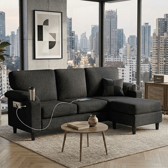 Howcool 80" Convertible Sectional Sofa Couch, L-Shaped Loveseat with Storage Ottoman, USB Ports, Cup Holders & Deep Seats, Modern Teddy Fabric Couch for Apartment Living Room Small Space, Black