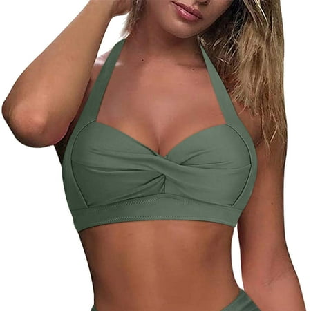 TAIAOJING Women s Two Piece Bikini Lace Up Top Push Up Swim Top Halter Retro Bathing Suit Top Padded Swimsuit Top Only