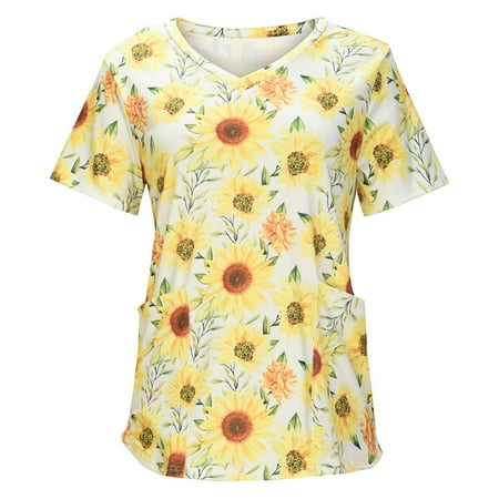 

Womens Scrub Shirts Floral Print Fashion Nurse Uniform Tops Summer Short Sleeve V Neck Loose Blouses Tee with Pocket