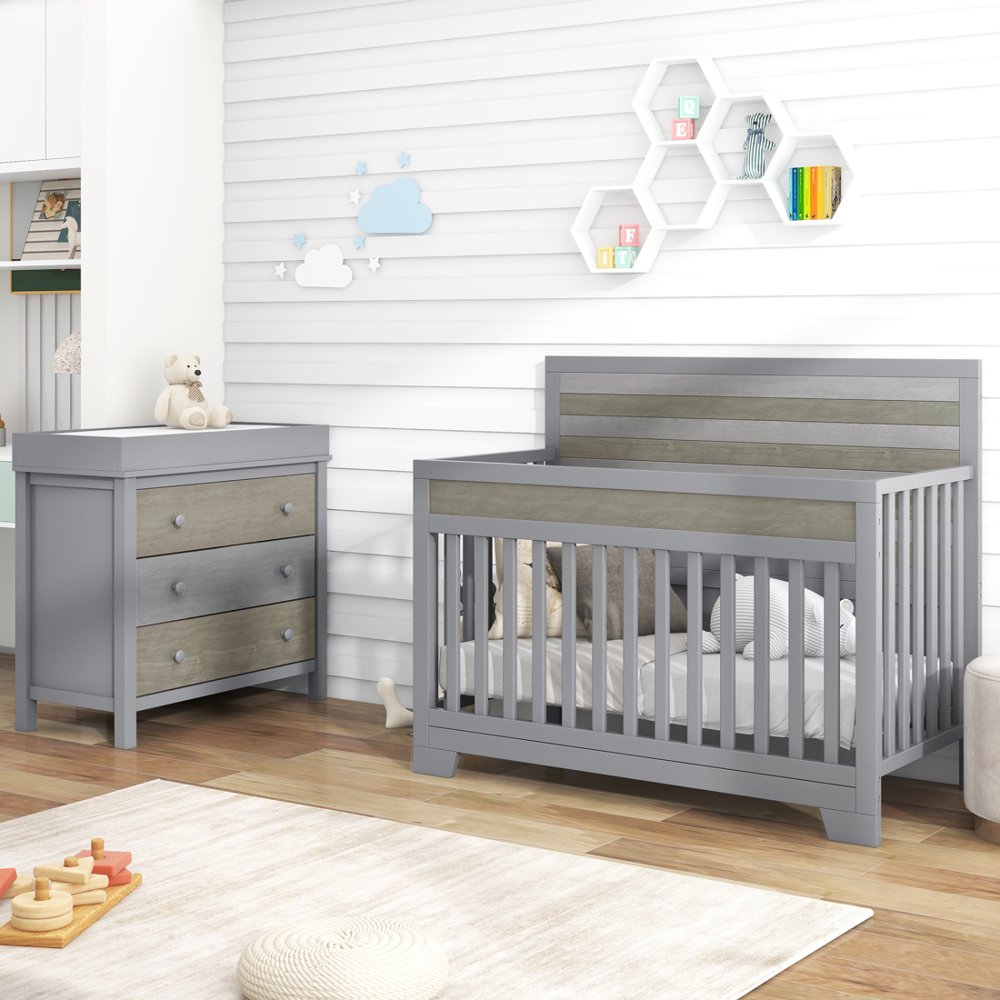 Gzxs 3 Pieces Nursery Bedroom Sets, Baby Safety Crib + Wooden Dresser