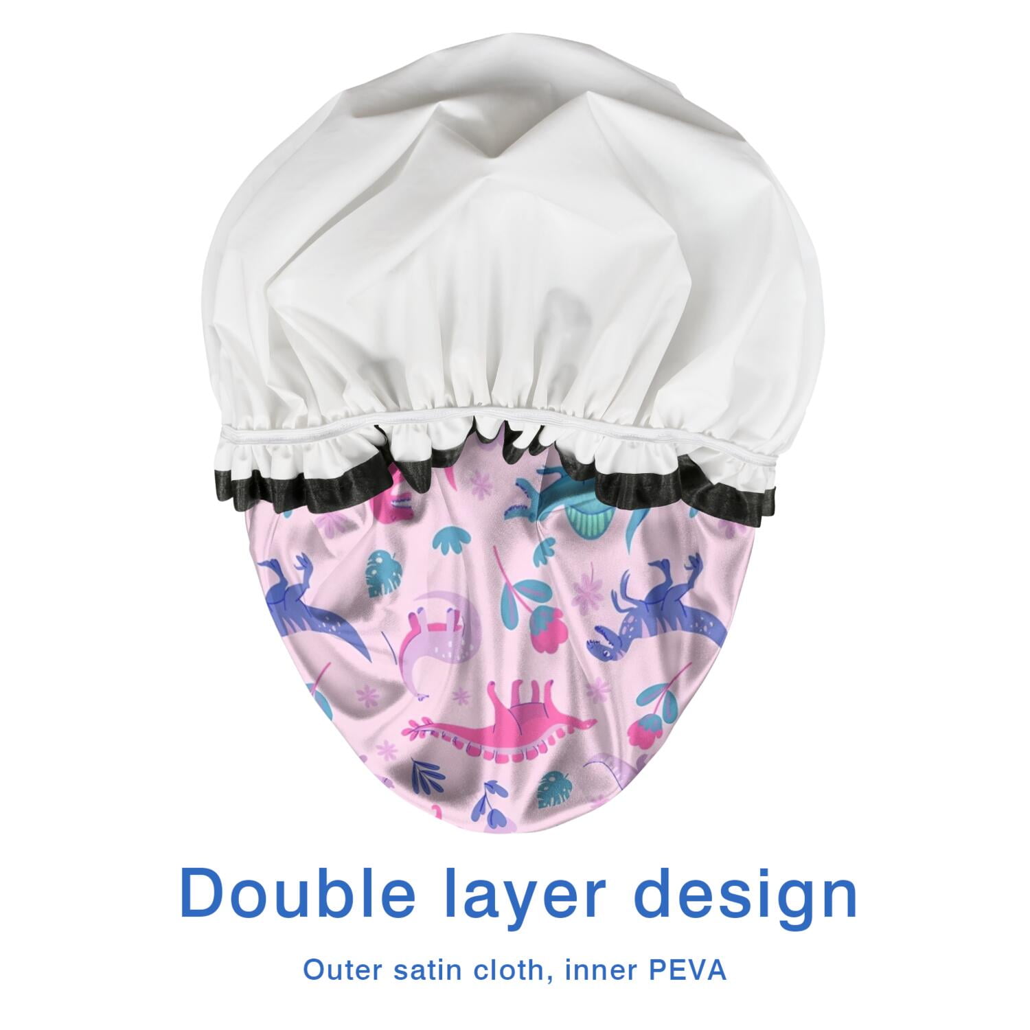 Shower Caps,Pink Dinosaurs Flowers Leaves Pattern Waterproof Shower Cap for Women 4 Pieces,Double Reusable Hair Cover for Shower PEVA Elastic Stretch Hem