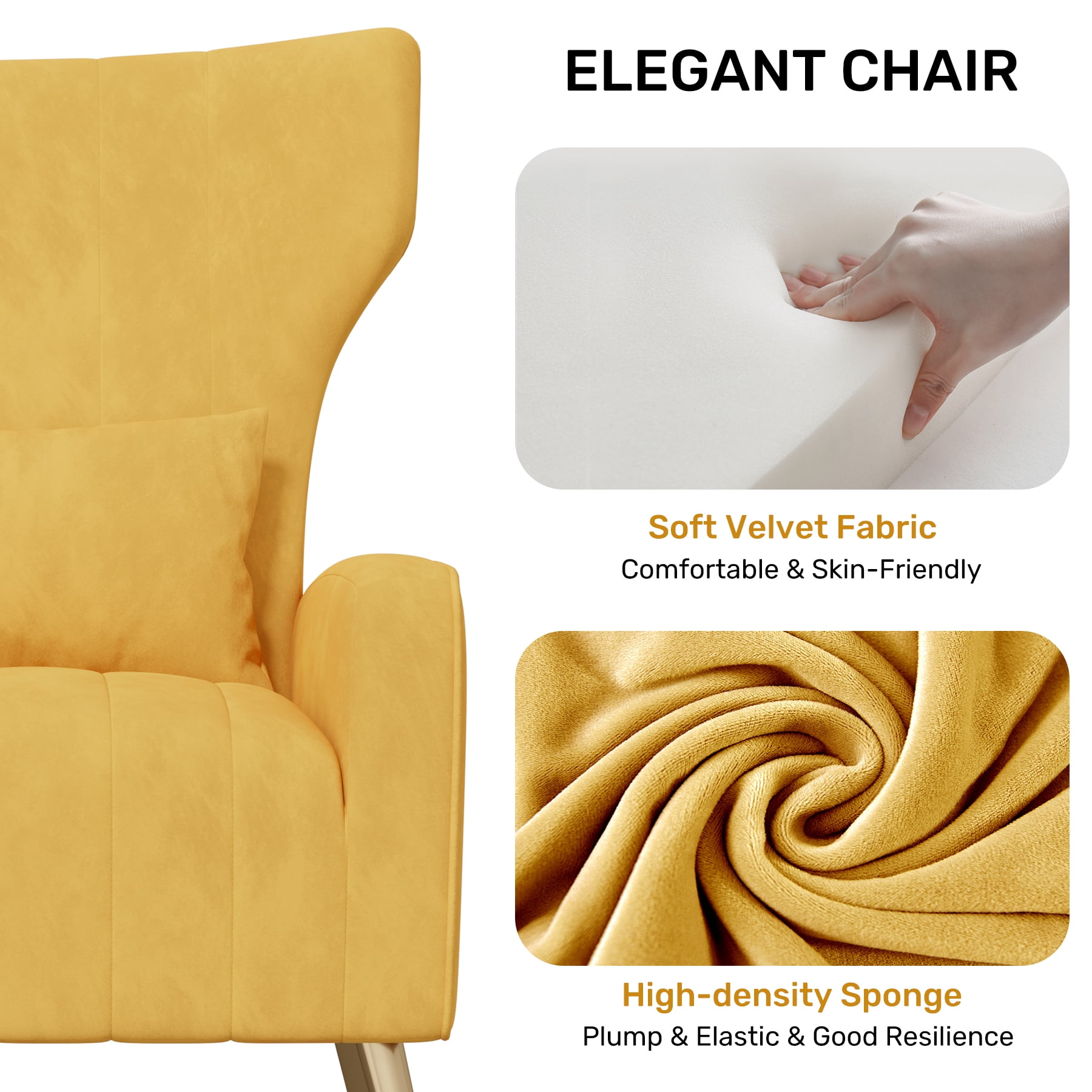 MOONMISS Velvet Accent Chair for Living Room, Modern Arm Chair with Pillow, Single Sofa Lounge Chair for Bedroom & Reading Room,Yellow