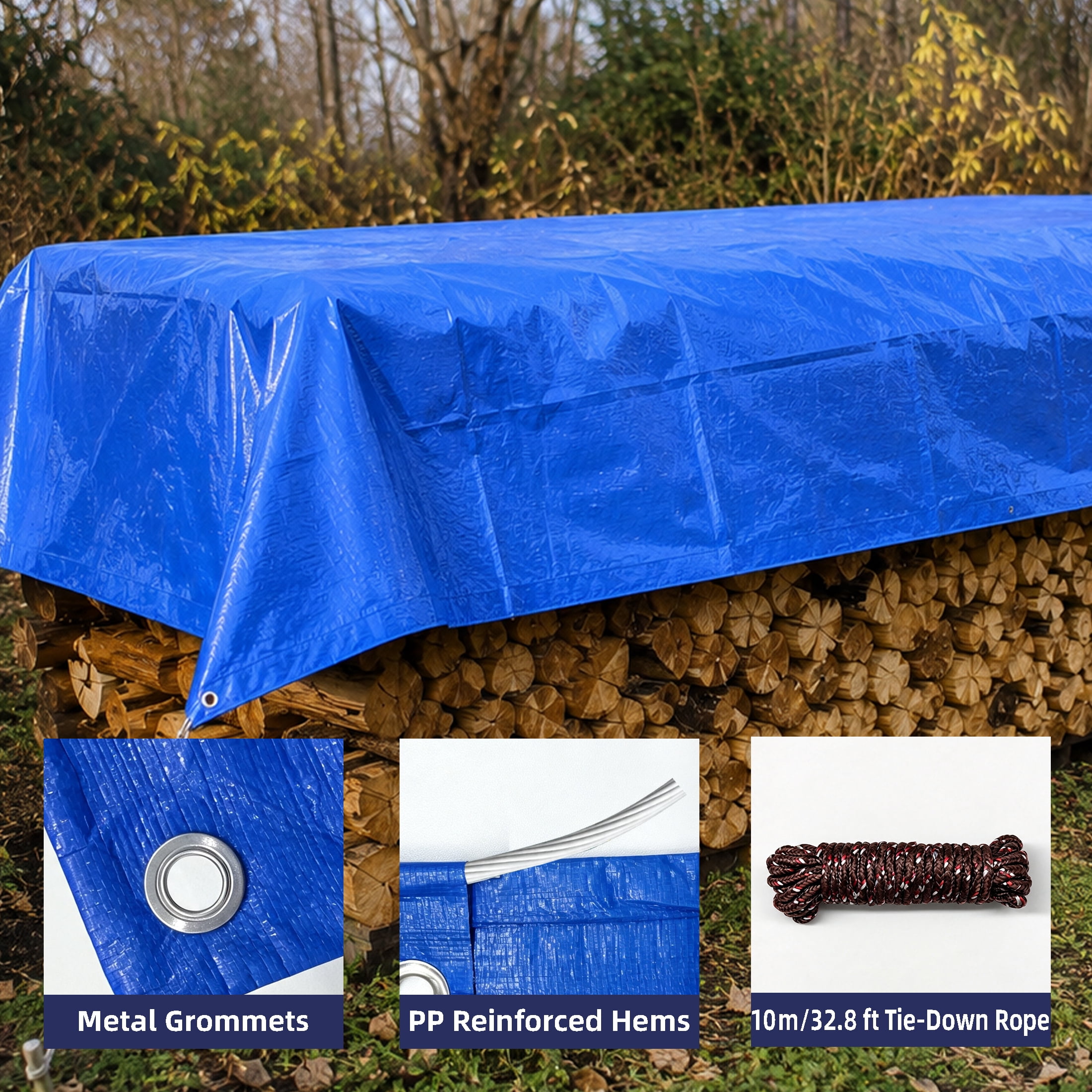 6.5x8.2 Ft Blue Poly Tarp, Multi-Purpose Waterproof Tear Resistant Cover With Reinforced Corners & Ropes