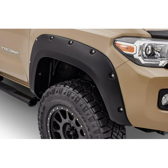 Fits 2016-2022 Toyota Tacoma Bushwacker Fender Flare 30922-02 Pocket Style; 2 Inch Tire Coverage; Matte Black; Dura-Flex 2000 ABS Smooth Plastic; 5-3/4 Inch Flare Height; Set Of 4