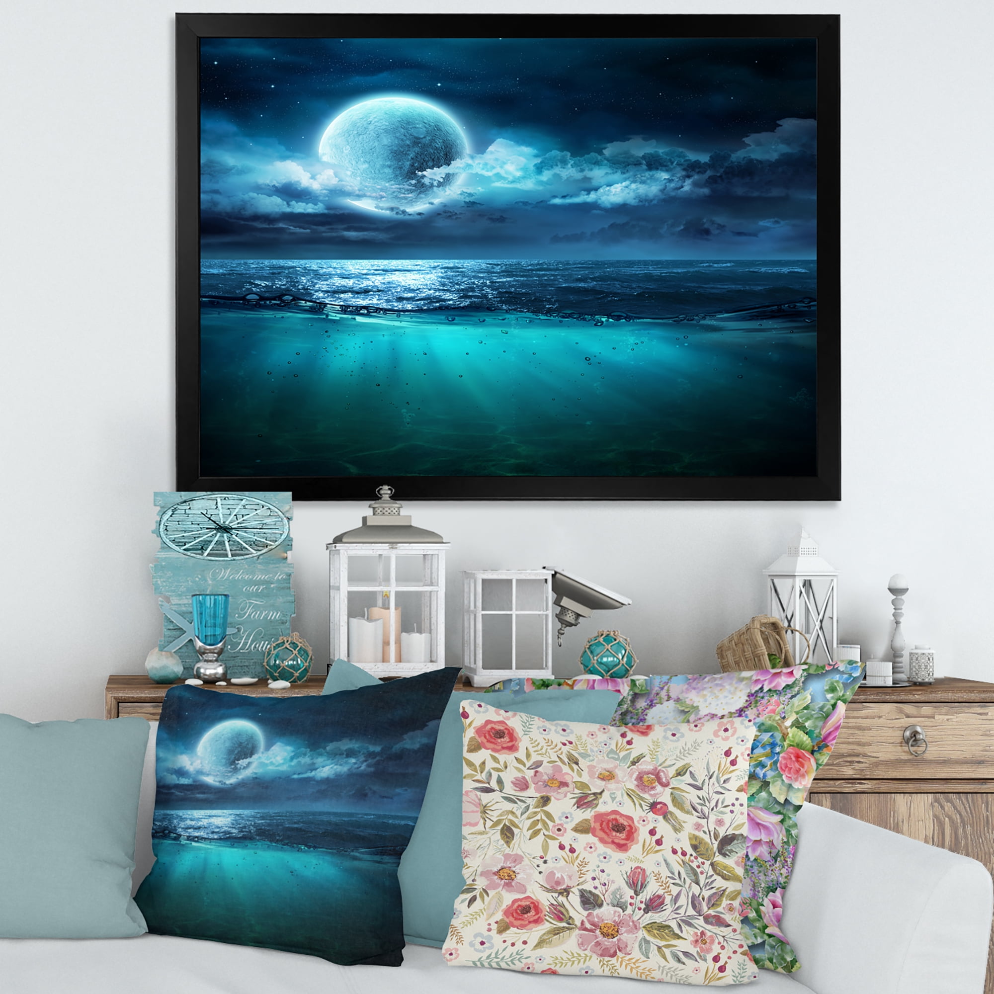 Designart 'Romantic Moon and Clouds Over Deep Blue Sea II' Nautical & Coastal Framed Art Print