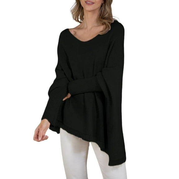 Women'S V-Neck Batwing Sleeve Casual Fringed Hem Oversized Knit Poncho Sweater Black S/M