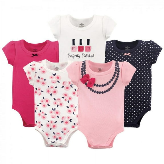 Little Treasure Baby Girl Cotton Bodysuits 5pk, Bow Necklace, 0-3 Months