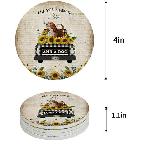 

KXMDXA Farm Dog in Plaid Truck Sunflowers Old Newspaper Set of 6 Round Coaster for Drinks Absorbent Ceramic Stone Coasters Cup Mat with Cork Base for Home Kitchen Room Coffee Table Bar Decor