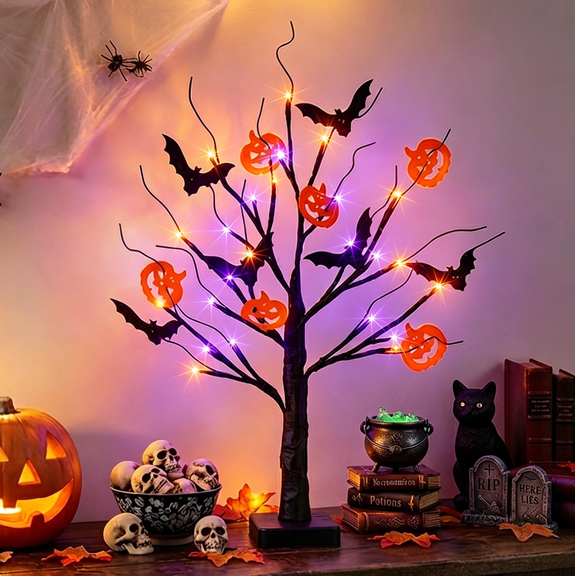 Halloween Decorations, Halloween Tree Lights, Lighted Black Tree | Halloween Decorations Indoor, Spooky Tree with 24 Orange Purple Lights & Timer, 22" Table Centerpiece Battery for Home Decor