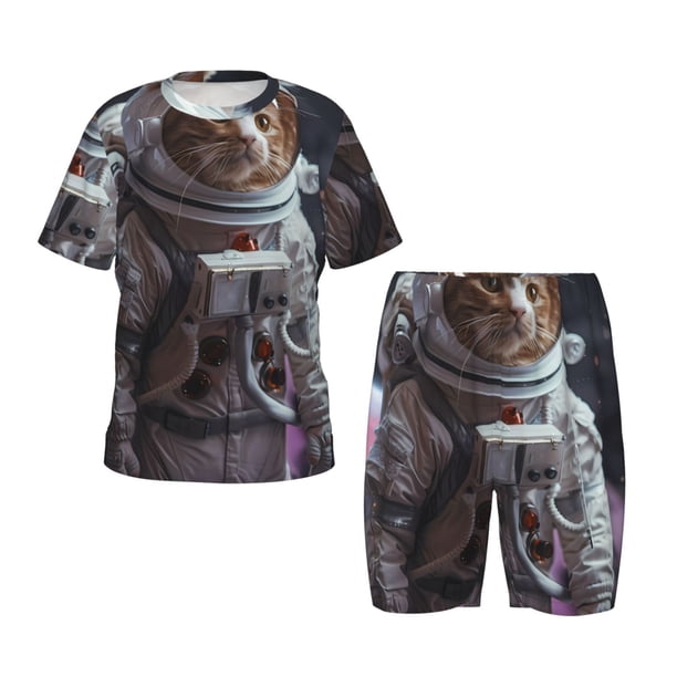 Balery Cat Astronaut In Space Conjunto de Pijama Infantil de Manga Corta con Estampado – Ropa de Dormir de Algodón Suave-XX-Large