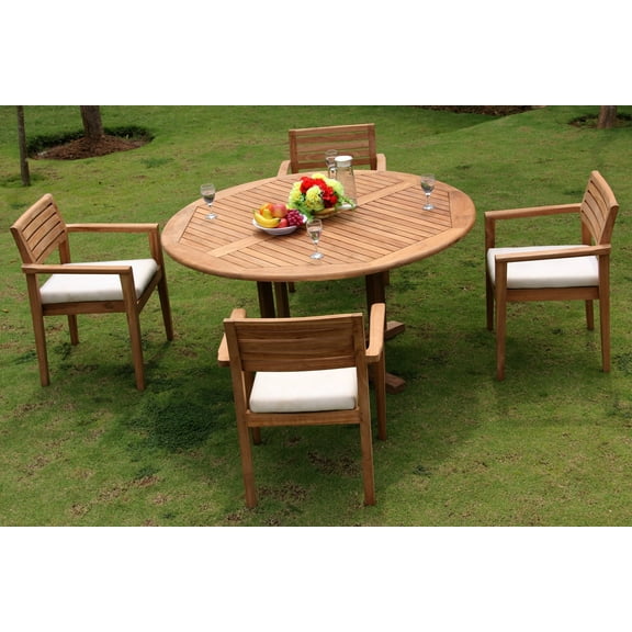 Teak Dining Set: 4 Seater 5 Pc: 60" Round Table And 4 Montana Stacking Arm Chairs Outdoor Patio Grade-A Teak Wood WholesaleTeak #WMDSMT5