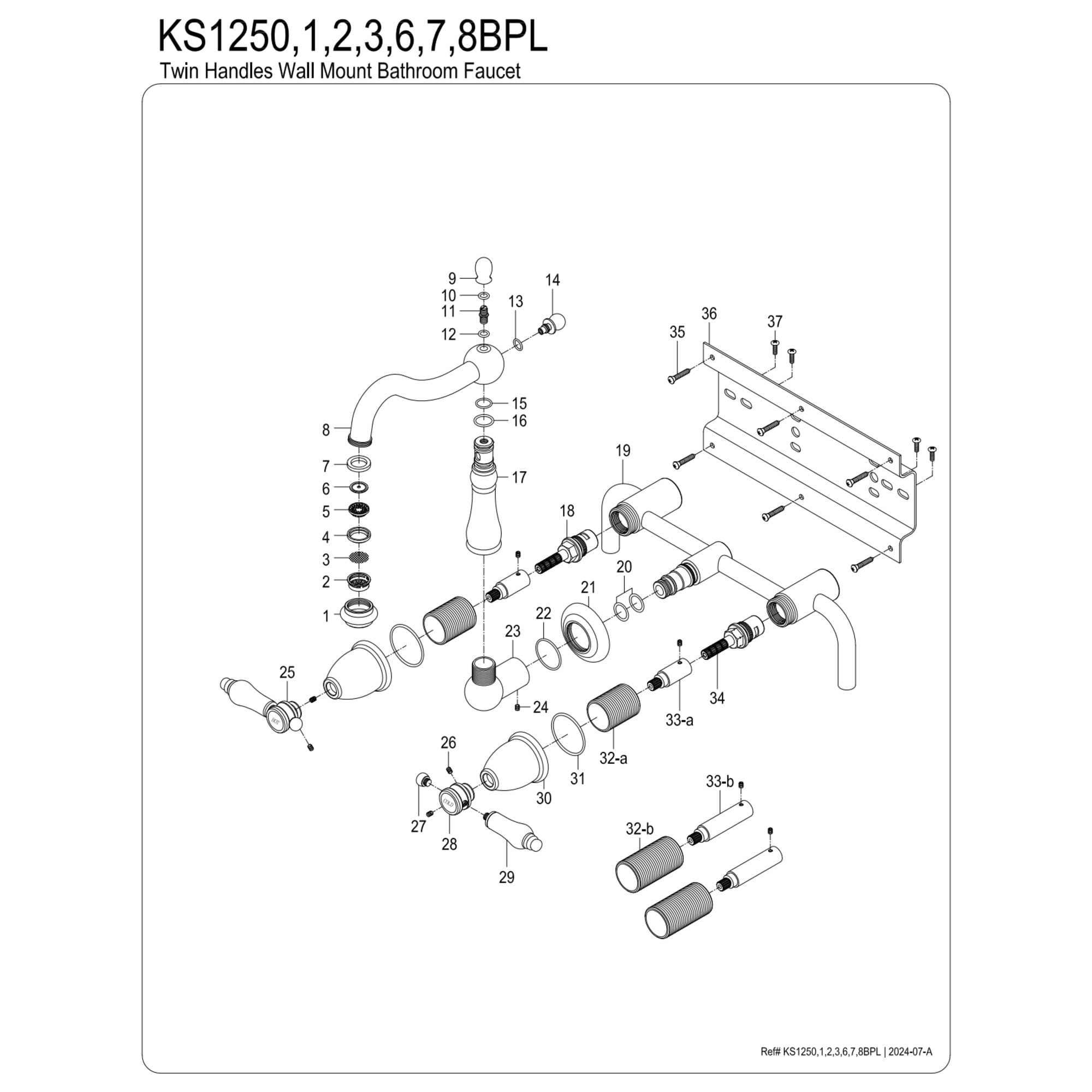 Kingston Brass KS1253BPL Bel-Air Double-Handle 3-Hole Wall Mount Bathroom Faucet in Antique Brass