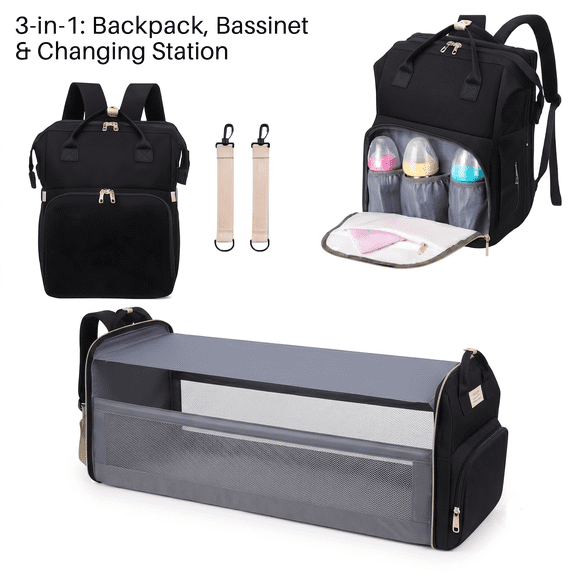 Diaper Bag Backpack with Portable Bassinet, Large Capacity Multi-Function Travel Baby Bag with Changing Station, USB Port and Stroller Straps