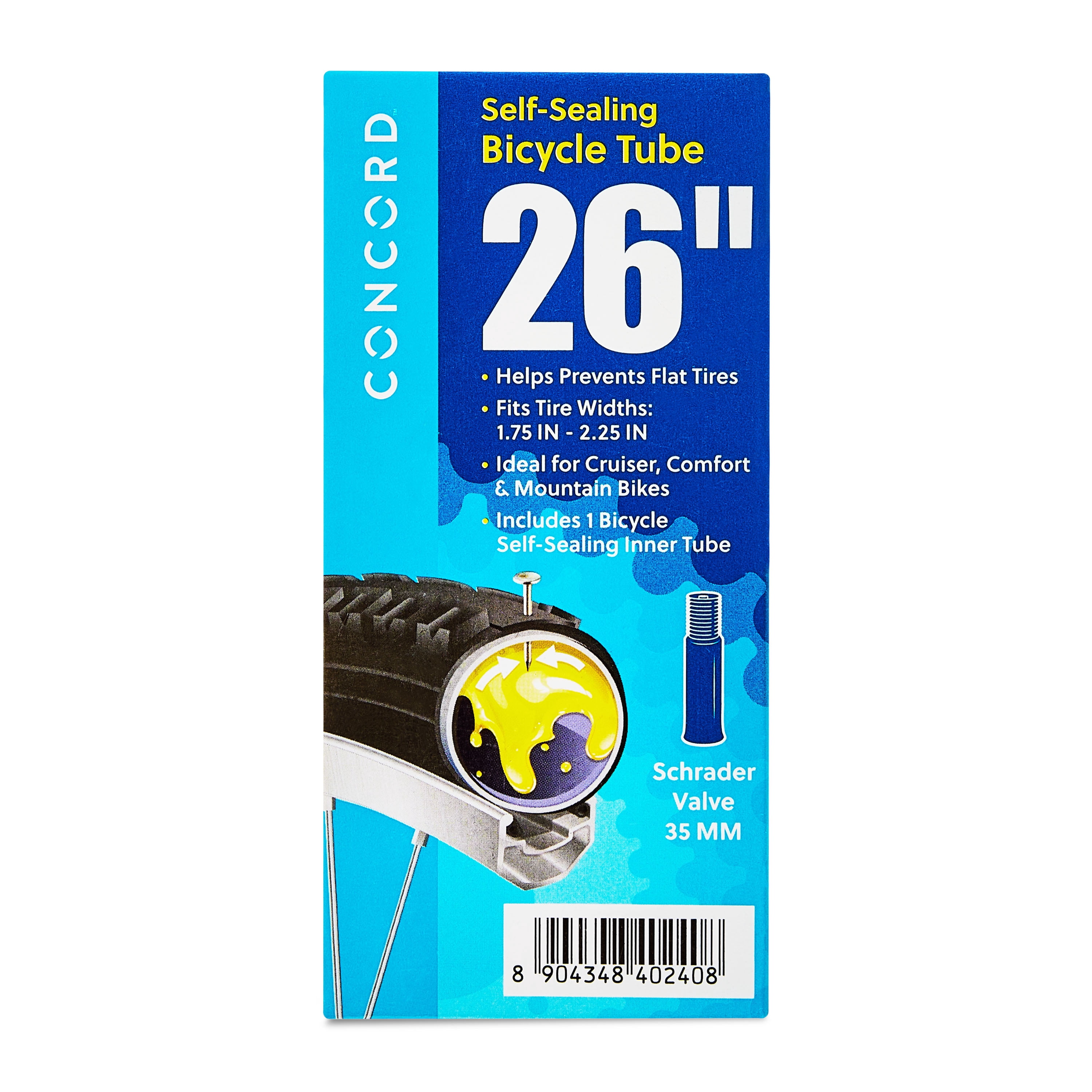 Concord Self-Sealing Bicycle Inner Tube with Schrader Valve, 26" x 1.75"-2.25"
