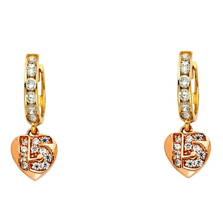 Paradise Jewelers Las Solid 14k Yellow Gold Quinceanera Cubic Las Solid 14k Yellow Gold Quinceanera Cubic Zirconia Hanging Huggies Earrings