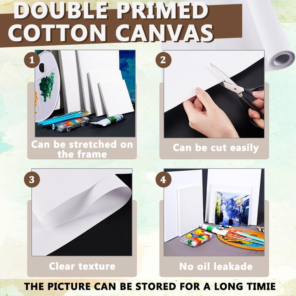 14.7 Inch x 5.5 Yards Double Primed Cotton Canvas White Canvas Roll 0.3mm Thick Cotton Canvas Roll for Painting Double Primed Gesso Canvas Paper for Oil and Acrylic Paint Art Projects DIY