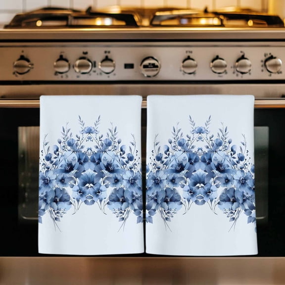 Blue Blooms Floral Kitchen Towels Set of 2, Spring Flowers Botanical Blue Ombre Absorbent Dish Towels for Kitchen, Microfiber Hand Towel, Quick Drying Tea Towel for Cleaning Decorative Dishcloths