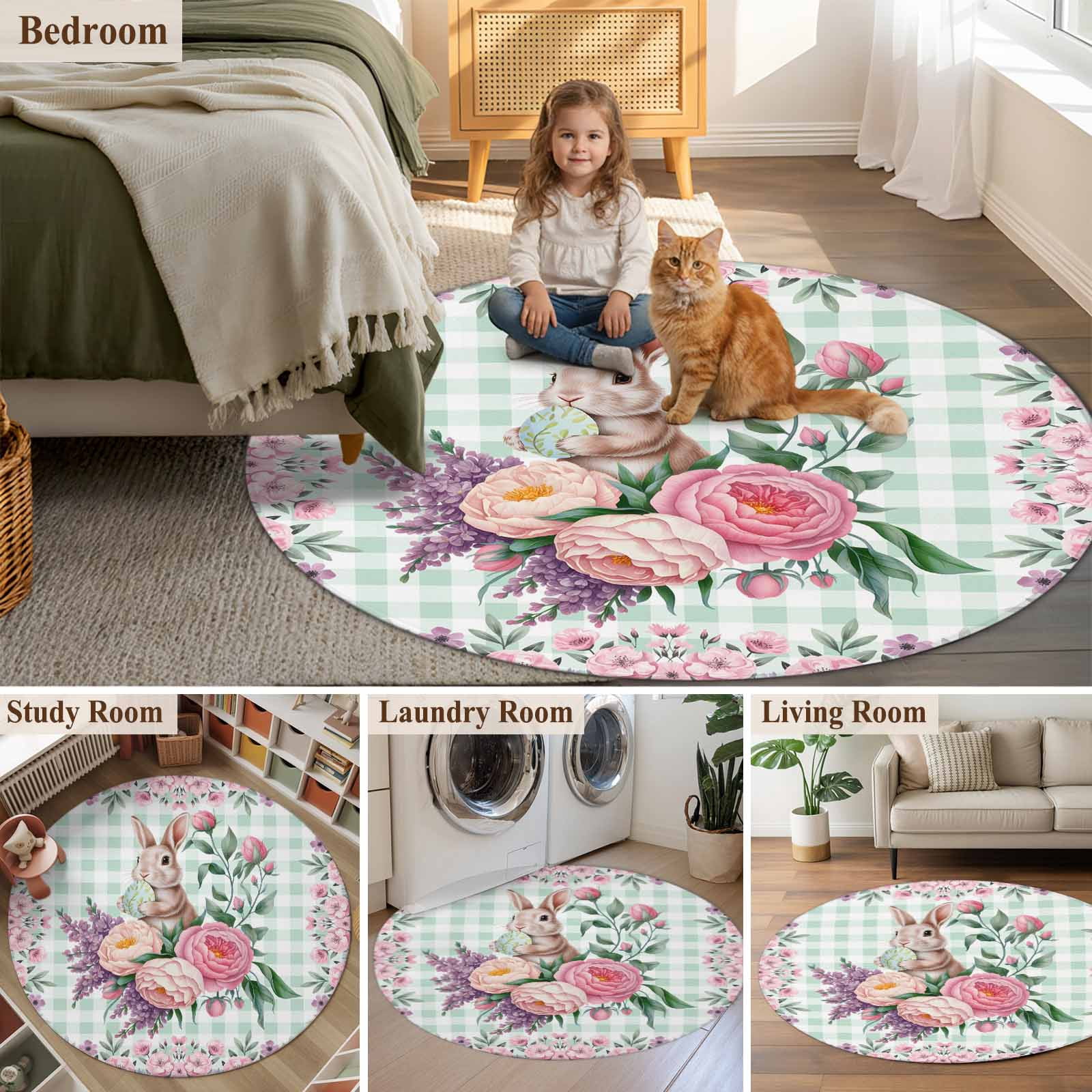 Easter Bunny Roses Round Area Rug 4Ft Washable Circle Rugs for Bedroom Dining Room, Pink Floral Spring Green Buffalo Plaid Non-Slip Carpet Floor Mats Indoor Outdoor Carpet Runner Aesthetic Home Decor