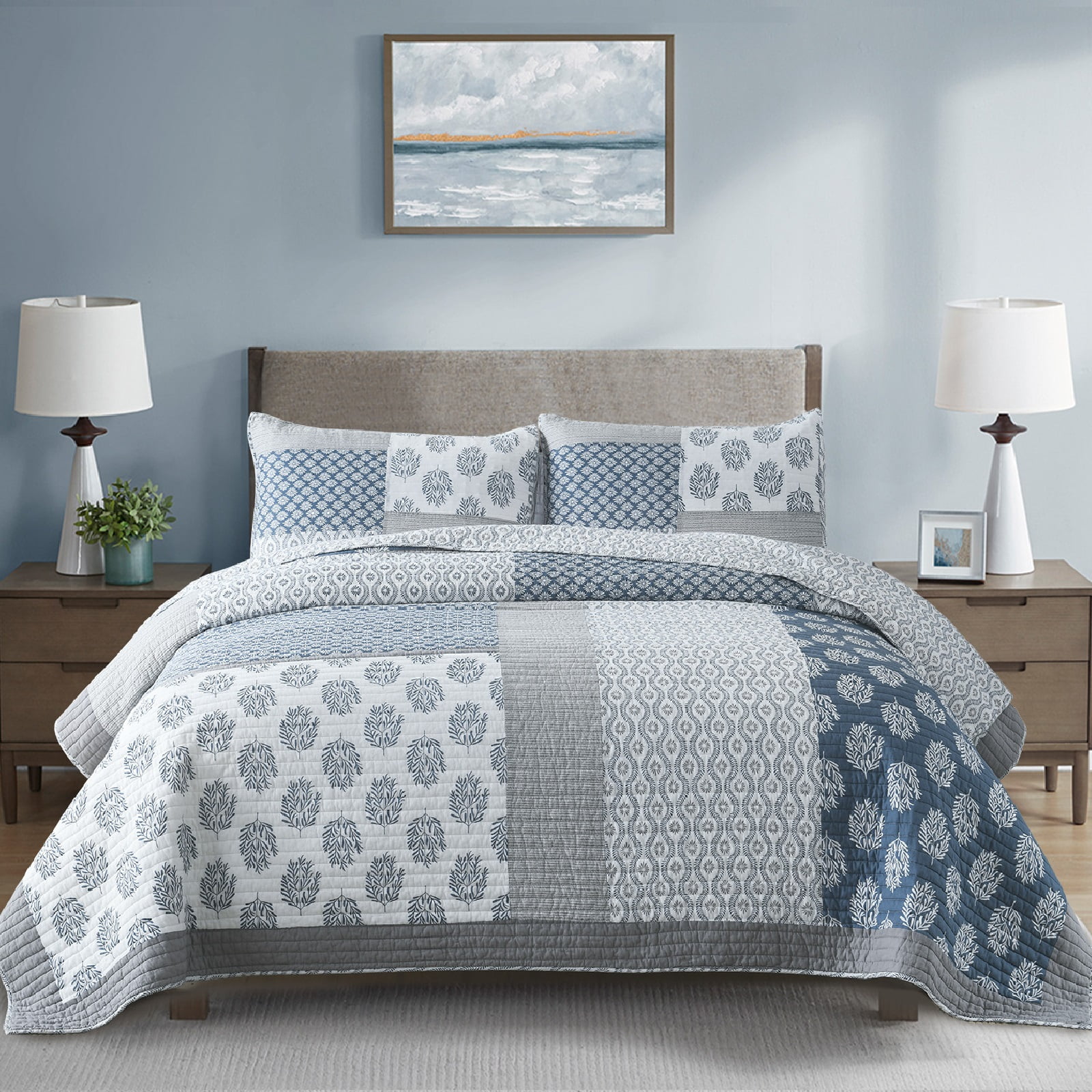 SahSahCasa Quilt Set King Size - 100% Cotton Lightweight King Quilt, Patchwork Farmhouse Floral King Comforter Quilted Bedspread, Blue Grey White Reversible Quilt Bedding Set All Season, 3 Pieces