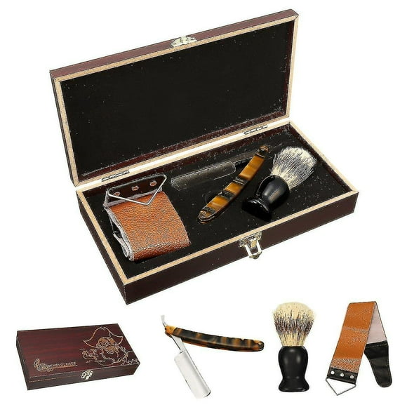 Shaver Kit Cut Throat Straight Razor Shaving Brush Leather Strop Wood Box G