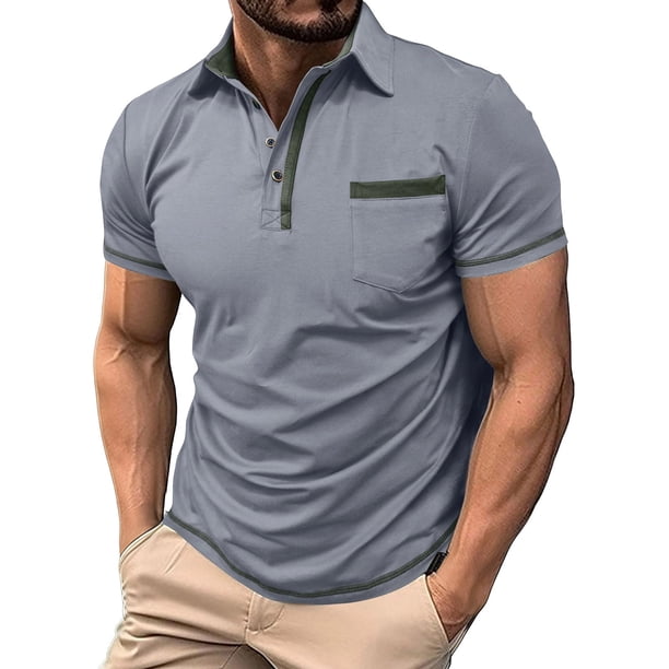 Blusa y camisa de manga corta con cuello vuelto para hombre, color liso, con solapa, botón y bolsillo, informal, a la moda, blusa para hombre