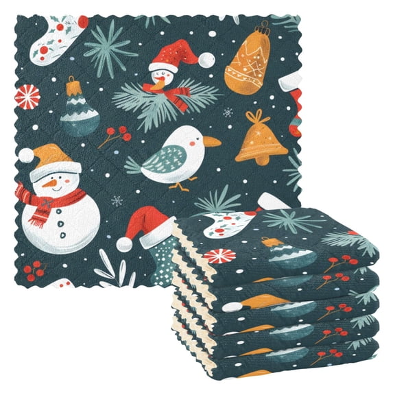 6 Pieces of Kitchen Towels 11x11Inch Kitchen Dish Cloths Kitchen Dish Towels Reuseable Cleaning Cloths Lovely Snowman
