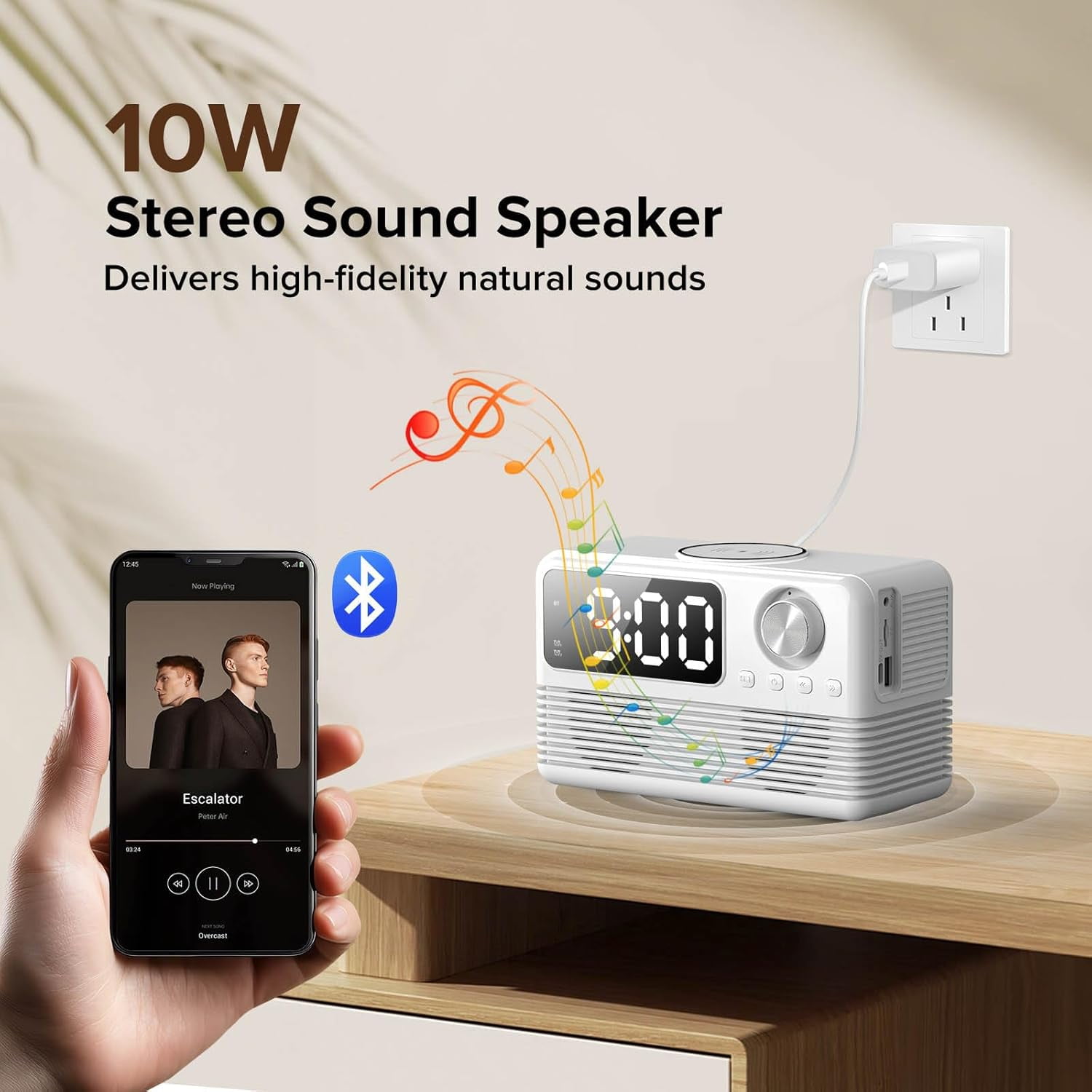 4 in1 Wireless Charging Station with Clock, FM Radio, Bluetooth Speaker, 15W Fast Wireless Charger for i Phone, Android Phones, Clock Radio for Bedroom Easy to Use for Seniors and Kids as Gift