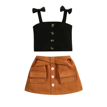 

Tregren Toddler Baby Girl Summer Clothes Bow Strap Ribbed Knit Tank Tops Belted Skirt Set 2 Piece Outfit Sets