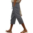 thumbnail image 3 of TAGOLD Womens Full Length Pants Linen Like Lace Panel High Waist Drawstring Pocket Button Capris, 3 of 5