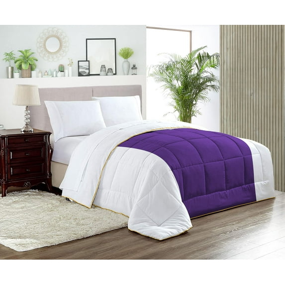 Super King Plus Comforter Contrast Purple Luxurious Collection Microfiber Fill Duvet Insert Box Stiched Quilted Fluffy Soft All Season Comforter with Pillowcases & Premium Piping