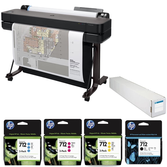 HP DesignJet T630 36" Wireless Large Format Color Thermal Inkjet Plotter Printer, 2025 Edition, Bundle with 3x Color and 80ml Black Ink Pack, Matte Paper Roll