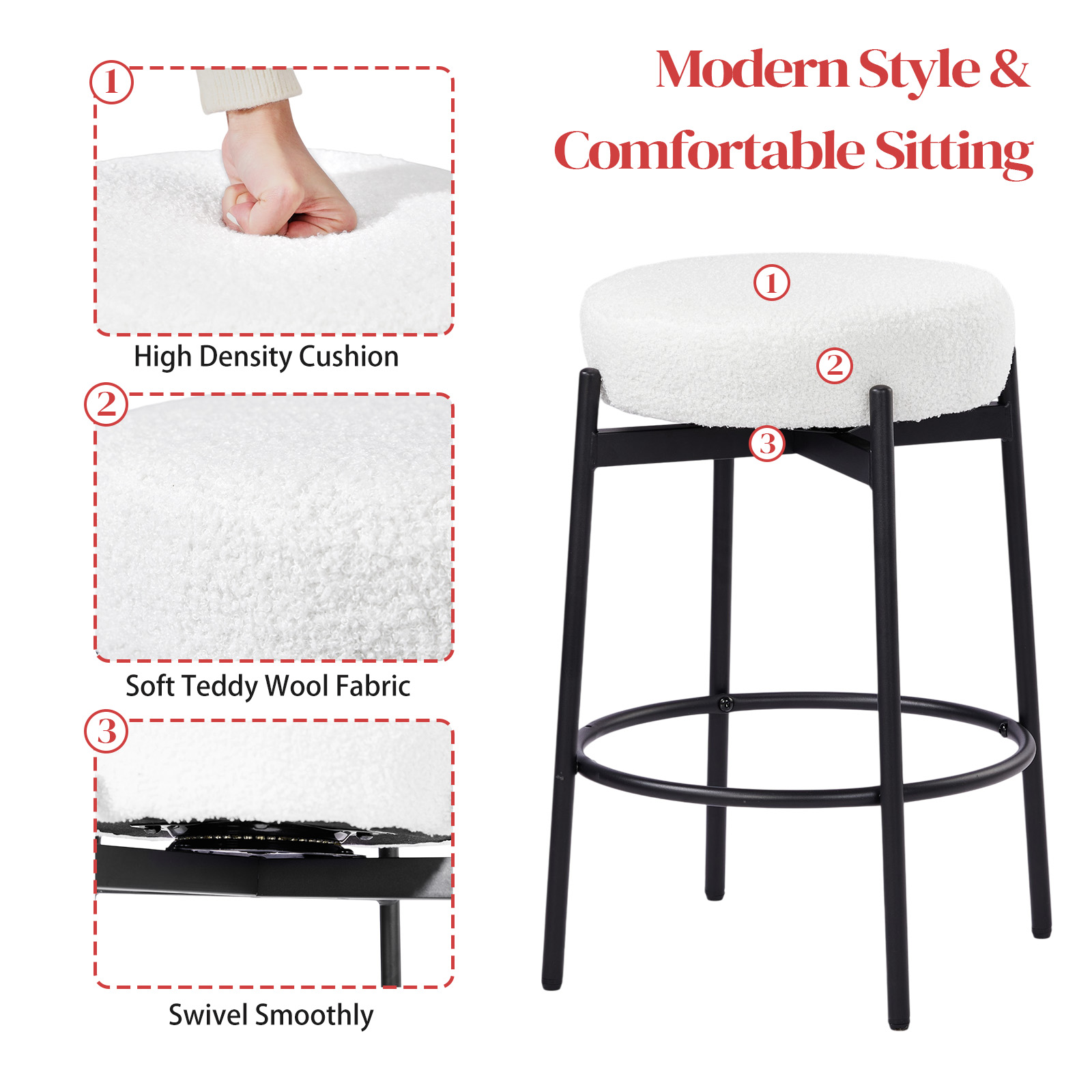 Ktaxon 24" Backless Bar Stools Set of 2, Modern Swivel Barstools with Footrest, Teddy Fleece Padded Counter Height Barstool Chairs 2 pcs, White