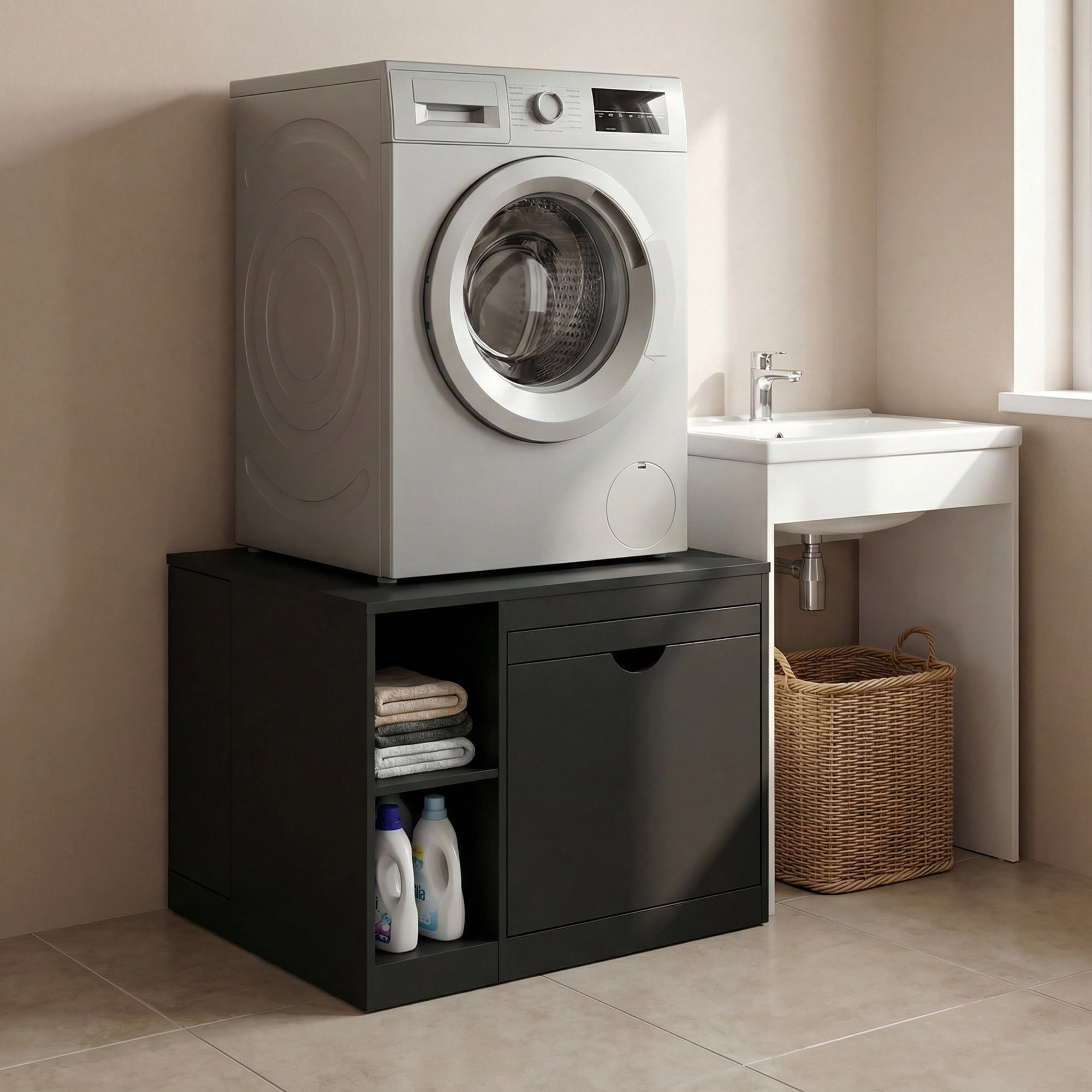 Advwin 29" Washer and Dryer Pedestal, Heavy Duty Washing Machine Stand with Laundry Basket Shelf, Large Drawer, Storage Shelf & Cabinet, Universal Fit Anti-Vibration Laundry Pedestal, Black