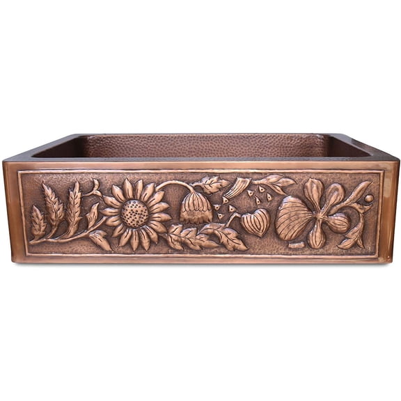 Sunflower Design Copper Undermount Kitchen Sink - Single Bowl 16-Gauge Basin - Perfect For Home, Hotel, Farmhouse- Dimensions 33 X 22 X 9