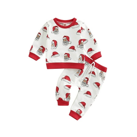 

Qiylii Infant Baby 2Pcs Christmas Clothes Set Long Sleeve Santa/Letter Print Tops T shirt + Pants Fall Outfits 0-24M